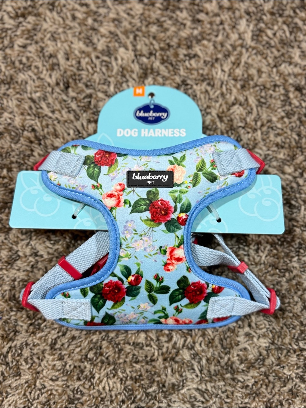 Floral Light Blue Dog Harness with Red Rose Print